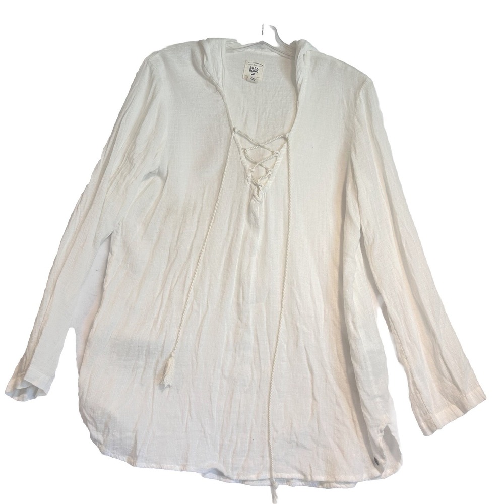 Billabong 100%Cotton Gauze Lace Up V Neck Long Sleeve Lg. Boho Beach Hoodie EUC